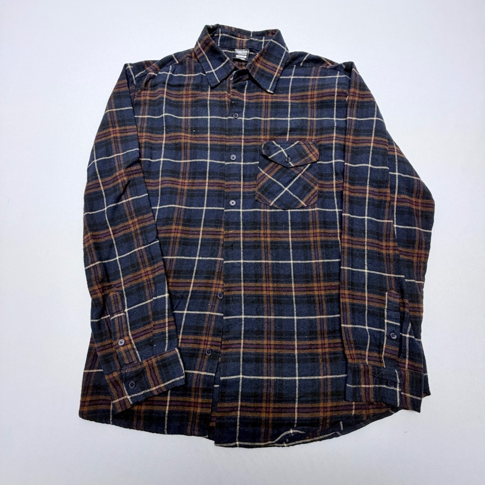 Embassy Clothing Co Mens Medium Flannel Shirt Navy Blue Brown Plaid Button Down
